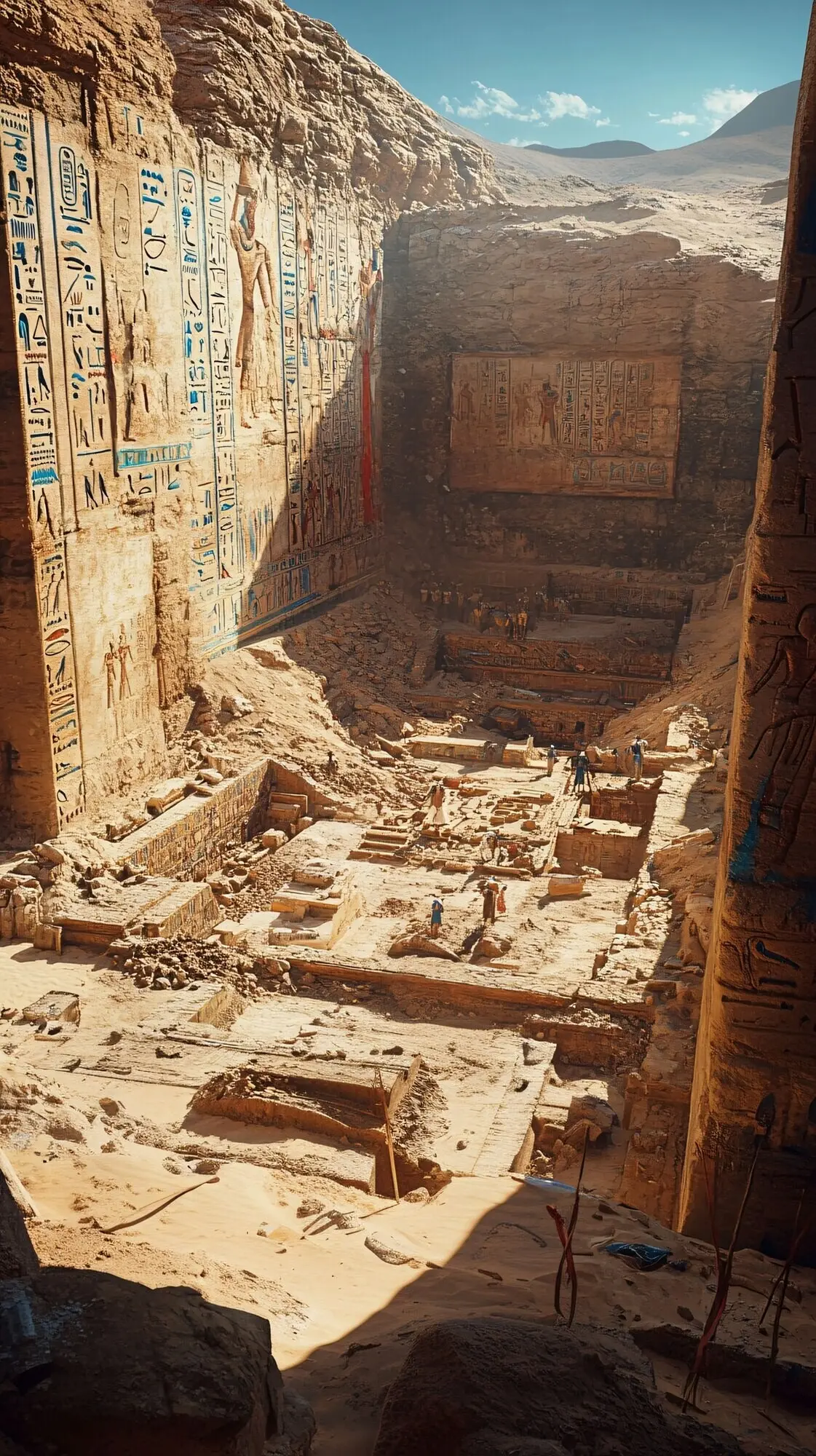 Szene aus einer archäologischen Ausgrabungsstätte mit antiken Überresten und Entdeckungen.